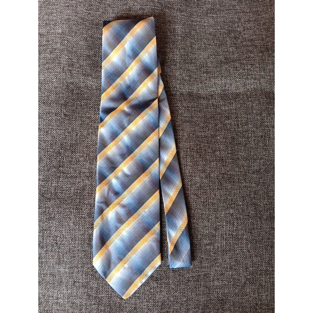 Tie 70s 80s 90s Y2K Mens Lambert Silk Blue Yellow Stripe 3.75 Wide 62 Long
